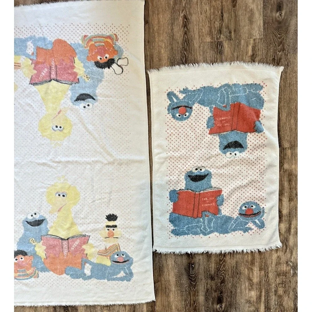 Vtg Muppets Sesame Street Towel Set Cookie Monster Big Bird 1970s